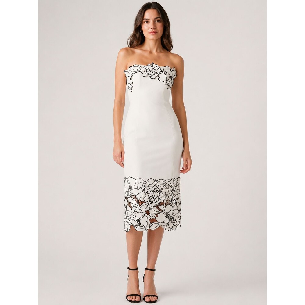 WHBM Strapless Cutwork Floral Midi Dress Size 2 Ecru Black White House